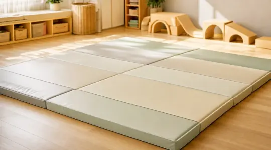Eine dicke gepolsterte Hüpfmatte liegt ausgebreitet auf einem Boden im Spielzimmer