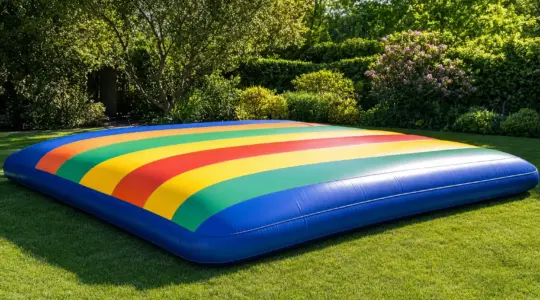 Ein großes aufblasbares buntes Hüpfpolster für Kinder auf einer grünen Rasenfläche