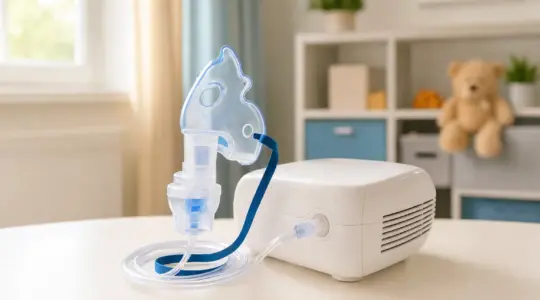 Ein kompakter Kinder-Inhalator mit kindgerechter Atemmaske und Schlauch auf einer hellen Fläche