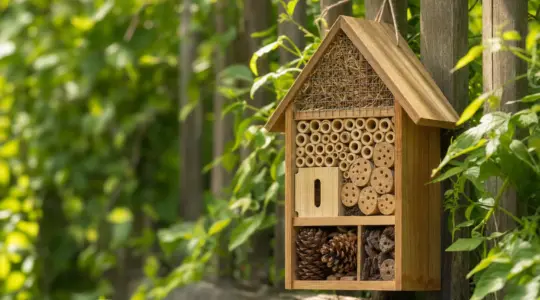 Ein kleines Insektenhotel aus Holz mit Bambusröhrchen und Tannenzapfen am Gartenzaun