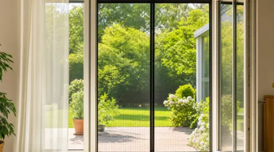 Eine Terrassentür mit montiertem Insektenschutz-Vorhang aus feinem Netzgewebe