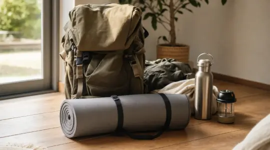 Eine zusammengerollte Isomatte liegt neben einem Rucksack