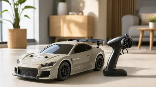 Ein ferngesteuertes Spielzeugauto steht mit der Fernsteuerung auf einem hellen Boden bereit zum Spielen