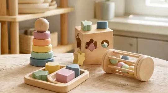 Liebevoll gestaltetes Holzspielzeug für Kinder in dezenten Farben steht ordentlich auf einem hellen Tisch