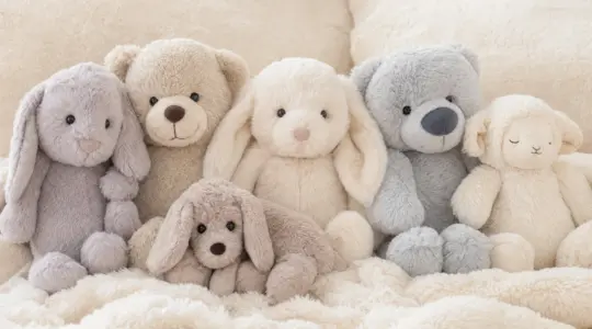 Mehrere besonders weiche Kuscheltiere in dezenten Farben liegen ordentlich auf einer hellen kuscheligen Decke