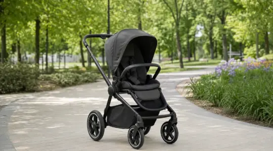 Ein hochwertiger, modern gestalteter Kinderwagen mit großen Rädern steht auf einem hellen Weg im Freien