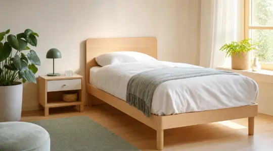 Ein helles Jugendbett aus Holz steht in einem freundlichen Jugendzimmer