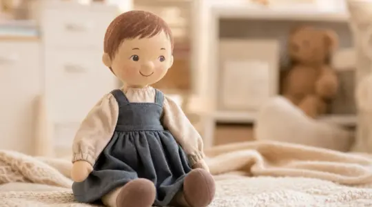 Käthe Kruse Stoffpuppe mit handbemaltem Gesicht auf einer Strickdecke im Kinderzimmer