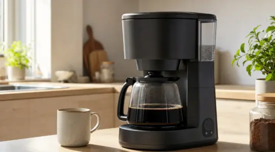 Eine Filterkaffeemaschine mit Glaskanne steht auf einer Küchenarbeitsfläche