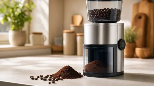 Eine Kaffeemühle steht auf einer hellen Küchenarbeitsplatte, daneben frisch gemahlenes Kaffeepulver und Kaffeebohnen
