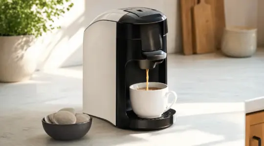 Eine kompakte Kaffeepadmaschine steht auf einer hellen Küchenarbeitsplatte und füllt eine Tasse mit Kaffee