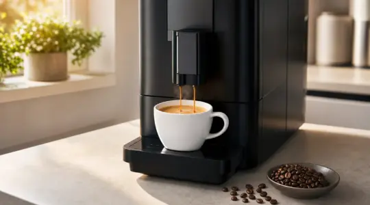 Ein Kaffeevollautomat steht auf einer hellen Küchenarbeitsplatte und füllt eine Tasse mit frischem Kaffee mit Crema