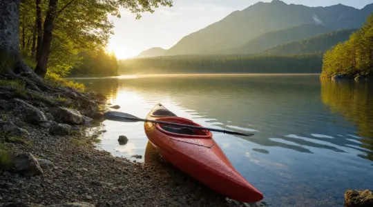 Ein rotes Kajak mit Paddel liegt am Ufer eines ruhigen Sees