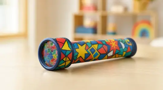 Klassisches buntes Kinder-Kaleidoskop als längliches Rohr mit fröhlichem Farbmuster auf einem hellen Holztisch