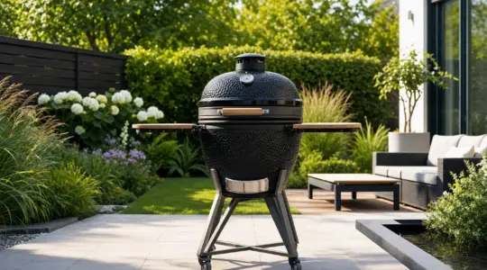 Ein eiförmiger Keramik-Kamado-Grill auf einer Terrasse im Garten