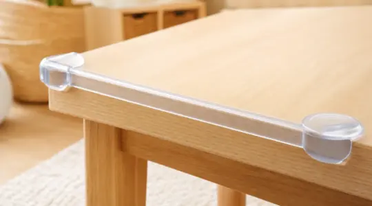 Ein weicher Kantenschutz und Eckenschutz an der Kante eines Holztisches