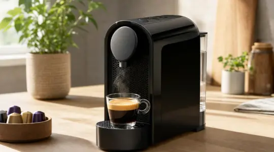 Eine kompakte Kapselmaschine mit Espressotasse steht auf einer hellen Küchenarbeitsfläche