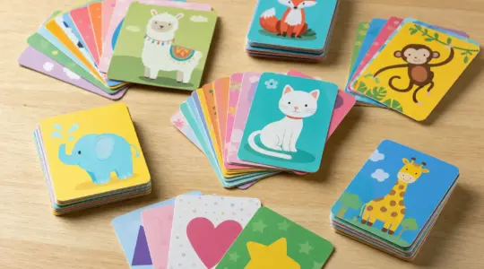 Bunte Kinder-Spielkarten mit Tier- und Formmotiven aufgefächert auf einem Holztisch