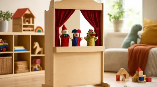 Hölzernes Kinder-Kasperletheater aus Naturholz mit rotem Bühnenvorhang und bunten Handpuppen in einem hellen Kinderzimmer