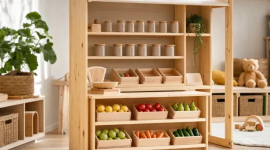 Ein Kaufmannsladen aus Holz mit Theke und Regalen steht in einem Kinderzimmer