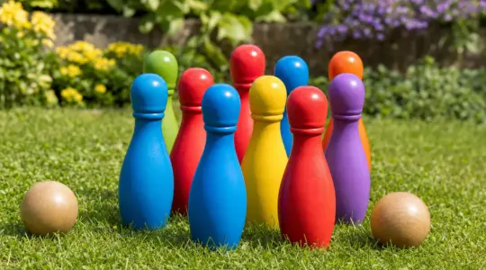 Ein buntes Kinder-Kegelspiel mit neun farbigen Kegeln und Holzkugeln auf einer Wiese