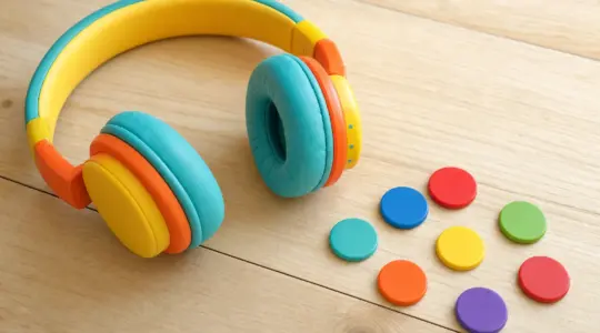 Bunte Kinderkopfhörer liegen zusammen mit kleinen runden Hörchips auf einem hellen Tisch bereit