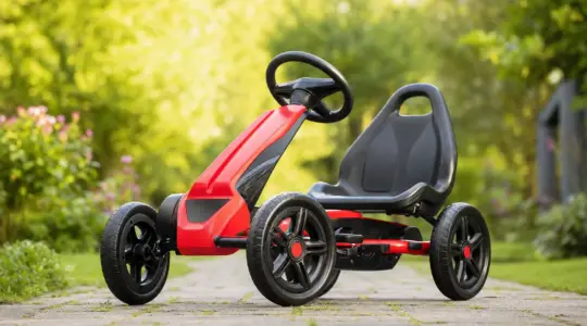 Sportliches Kinder-Kettcar als Tretauto mit Pedalantrieb in Rot und Schwarz auf einem gepflasterten Gartenweg
