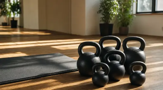 Mehrere Kettlebells in unterschiedlichen Größen stehen auf einem Holzboden in einem hellen Trainingsraum