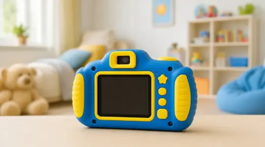 Eine kompakte, robuste Kinderkamera mit großen Griffen und einem kleinen Display steht auf einem hellen Tisch