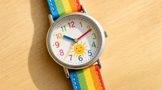 Eine bunte kindgerechte analoge Armbanduhr mit fröhlichem Ziffernblatt
