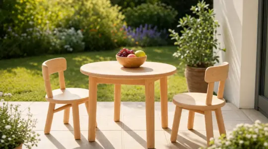 Ein kindgerechtes Gartenmöbel-Set aus einem kleinen Tisch und zwei Stühlen steht einladend auf einer sonnigen Terrasse im Garten