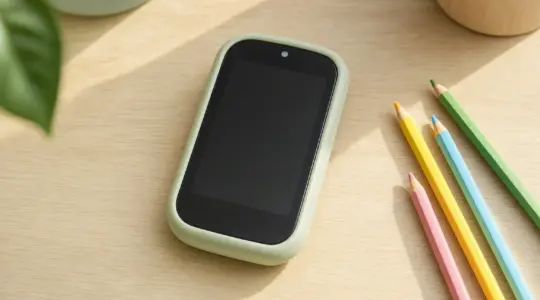 Ein einfaches Kinder-Handy liegt auf einem hellen Tisch bereit