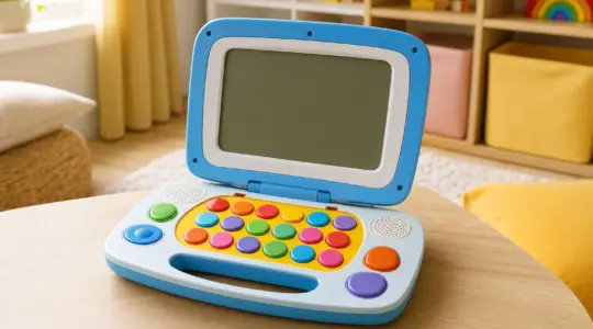 Ein bunter Kinder-Lerncomputer in Laptop-Form steht auf einem hellen Tisch bereit