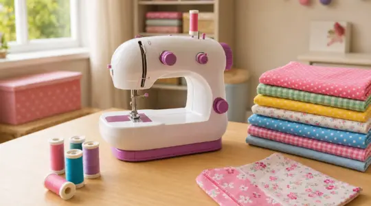 Eine kindgerechte kleine Nähmaschine mit bunten Stoffen auf einem hellen Tisch