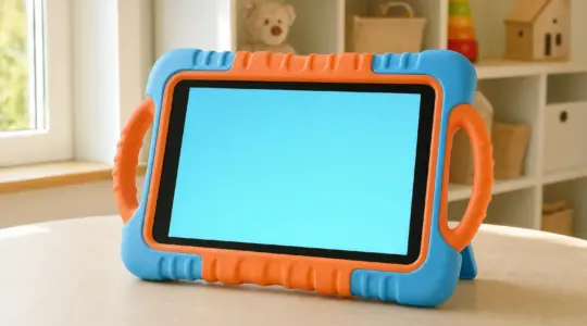 Ein robustes Kinder-Tablet mit dicker Schutzhülle steht aufgestellt auf einem hellen Tisch im Kinderzimmer