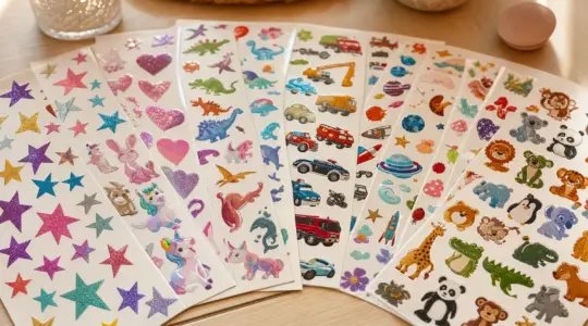 Bunte Aufklebe-Tattoos mit verschiedenen Motiven liegen auf einem hellen Tisch bereit