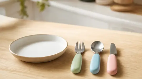 Kindgerechtes Besteck-Set mit Gabel, Löffel und Messer mit gut greifbaren Griffen neben einem Teller auf einem hellen Holztisch