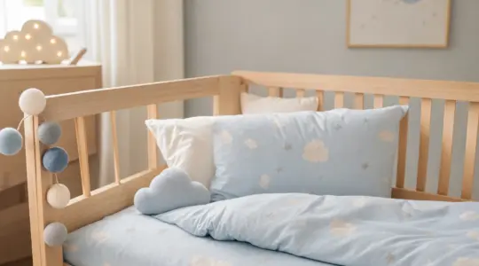 Ein frisch bezogenes Kinderbett aus hellem Holz mit weicher Bettwäsche in zarten Pastelltönen mit dezenten Wolken- und Sternenmustern in einem hellen Kinderzimmer