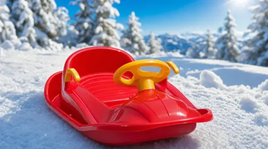 Ein bunter Kinderbob aus Kunststoff mit Lenkrad steht im frischen Schnee vor einer sonnigen Winterlandschaft