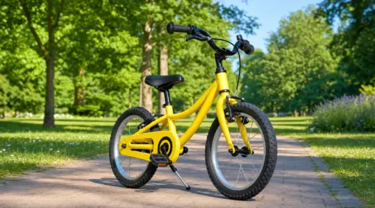 Ein leichtes, sicheres Kinderfahrrad in fröhlicher Farbe steht aufgestützt auf einem sonnigen Weg in einem grünen Park