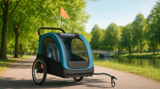 Moderner Kinder-Fahrradanhänger mit zwei Rädern, Verdeck und Sicherheitswimpel auf einem Weg im Park