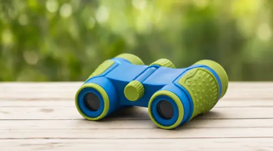 Robustes Kinder-Fernglas aus stoßfestem Kunststoff in Blau und Grün mit griffiger Gummierung auf einem hellen Holztisch