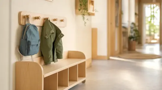 Eine niedrige Kindergarderobe aus hellem Holz mit mehreren runden Haken auf Kinderhöhe und einer kleinen Sitzbank an einer hellen Wand mit Jacke und Rucksack