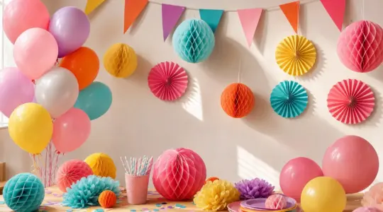 Bunte Kindergeburtstags-Deko mit Luftballons und einer Wimpelgirlande an einer hellen Wand