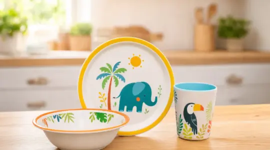 Buntes Kindergeschirr-Set mit Teller, Schüssel und Becher aus Kunststoff in freundlichen Farben auf einem hellen Holztisch