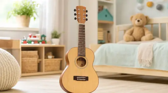 Kindgerechte kleine Holz-Gitarre in warmem Naturton mit sechs Saiten in einem freundlichen Kinderzimmer