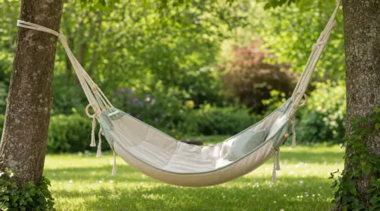 Eine kleine gemütliche Kinderhängematte aus weichem Stoff in zarten Farben aufgehängt zwischen zwei Bäumen in einem grünen, sonnigen Garten