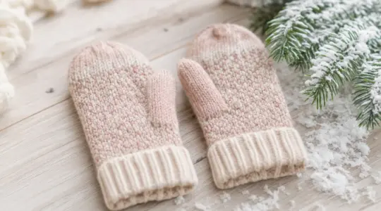Ein Paar gestrickte Kinder-Fäustlinge in zarten Farben ordentlich nebeneinander auf einem hellen Holztisch neben Kunstschnee und einem Tannenzweig