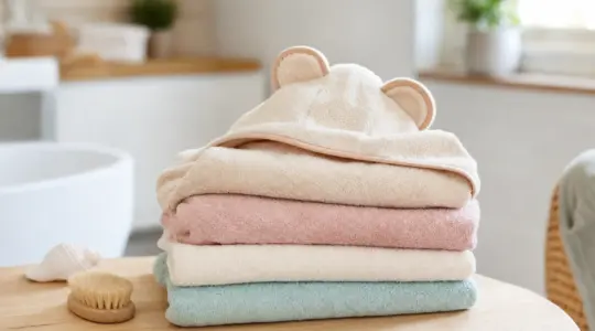 Ein Stapel weicher gefalteter Kinderhandtücher in zarten Farben, obenauf ein Kapuzenhandtuch mit kleinen Tierohren, auf einem hellen Holztisch im Badezimmer