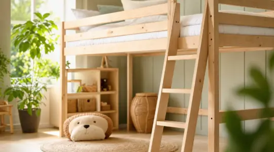 Ein helles Kinderhochbett aus Holz mit stabiler Leiter, gemütlich gemacht mit weißer Bettwäsche und Kissen in einem freundlichen, hellen Kinderzimmer